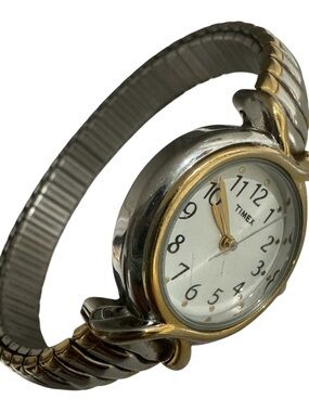 ✨VTG Timex Women’s Silver & Gold Two Tone Minimalist Stretchy Bracelet Watch
